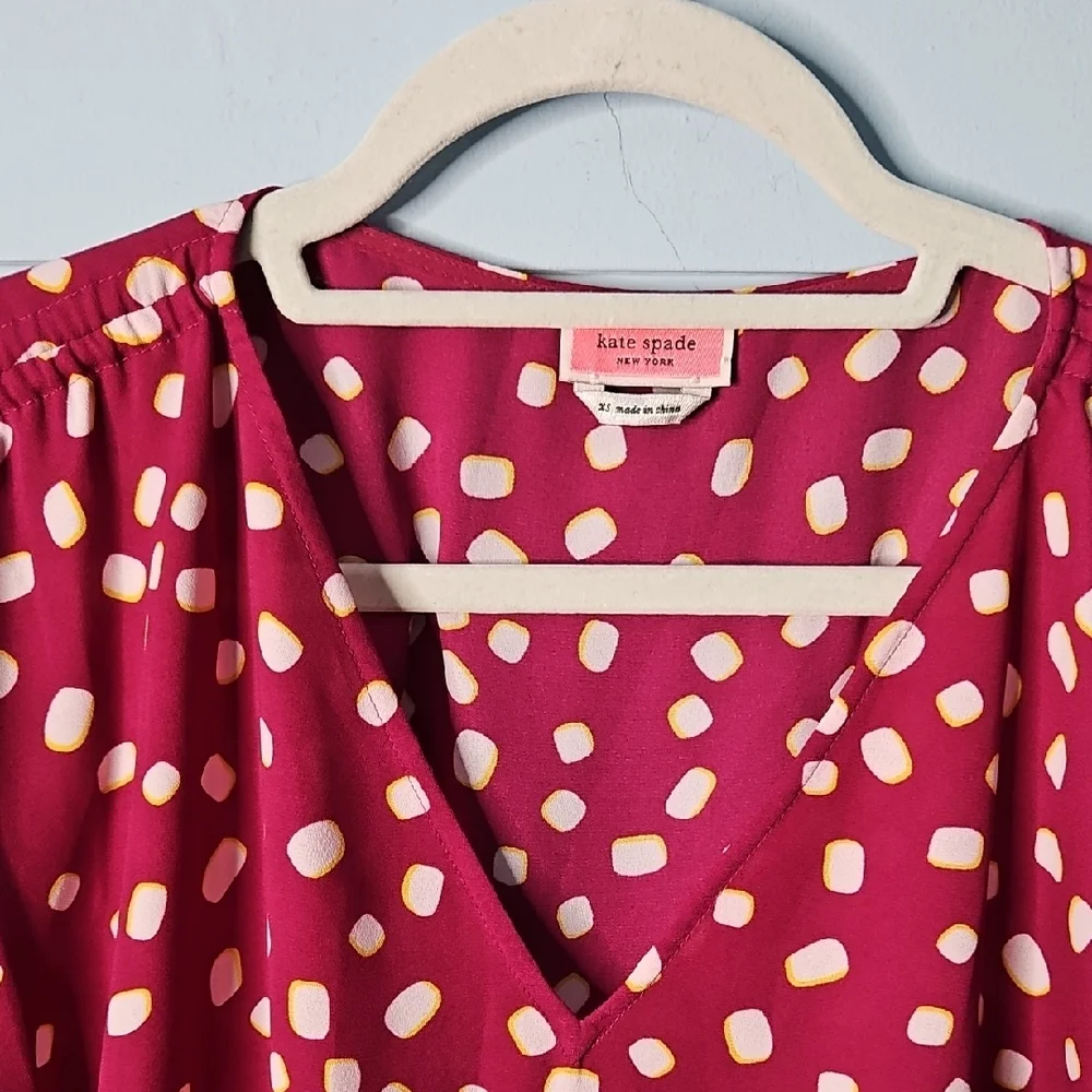 Kate Spade Women's Mallow Dot Ruched Sleeve In Beet Juice Color Blouse XS